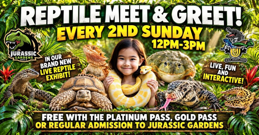 Reptile meet and greet event advertisement at jurassic gardens