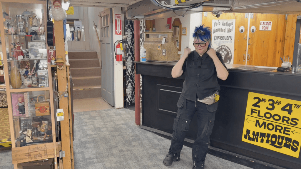 Person with blue hair in antique shop