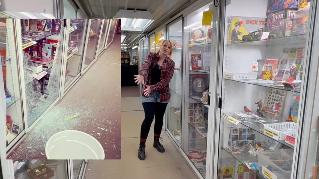 Broken glass and surprised woman